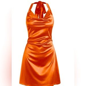 Women Halterneck Satin Mini Dress Cowl Neck Silky Party Dress
Orange Size 4